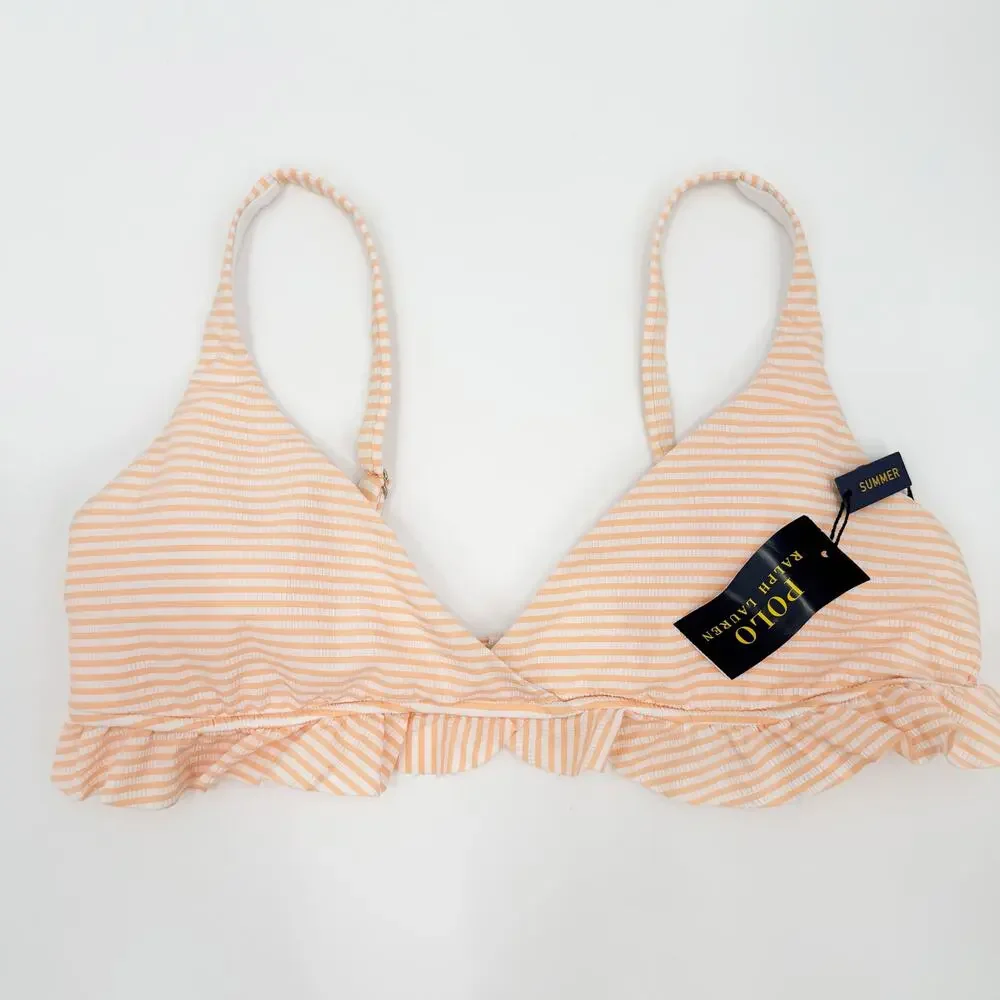 Polo Ralph Lauren Bikini Top SZ Small NWT Seersucker Ruffle Orange White Stripe